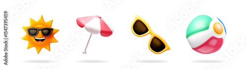 3D vector illustration set of summer vacation items including a smiling sun with sunglasses, beach umbrella, shades, and beach ball for holiday concept.