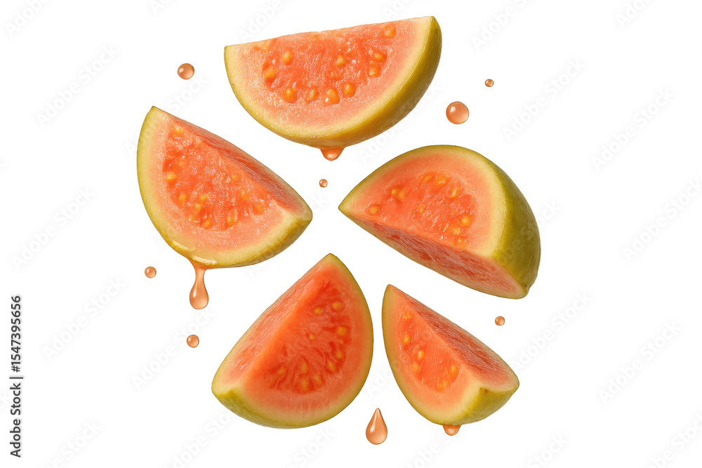 Sliced guava fruit segments isolated on a transparent background, fresh slices Sliced guava fruit segments isolated on a transparent background, fresh slices