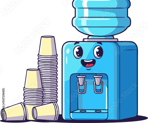 Cartoon Water Cooler with Smiling Face and Paper Cups, Ready to Serve.
