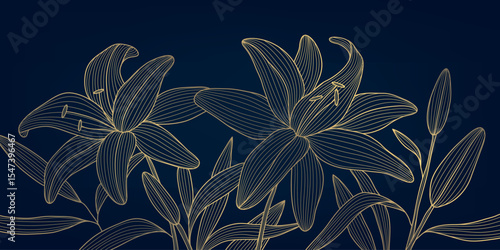 Vector line flower gold on blue background, leaf plant elegant luxury design. Garden art deco wedding illustration, blossom asian pattern, lilies