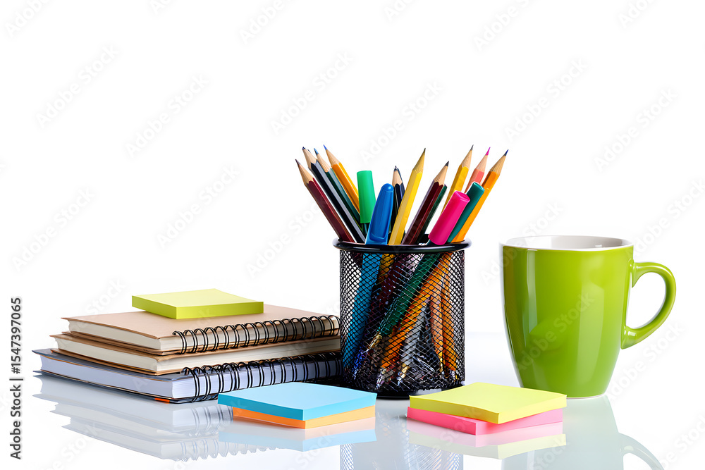 Fototapeta premium Elevate Your Productivity with Essential Desk Supplies A Vibrant Still Life Featuring Notebooks, Sticky Notes, Pens, Pencils, and a Refreshing Green Mug on White Backdrop