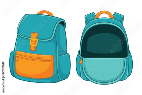 Teal Backpack with Orange Detail Closed and Open Views