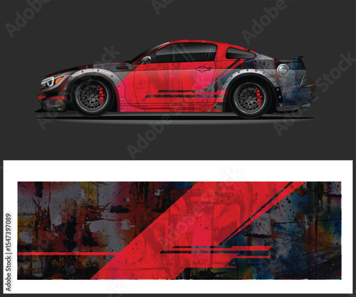 Custom Car Wrap Design with Red and Distressed Metal Texture Graphics