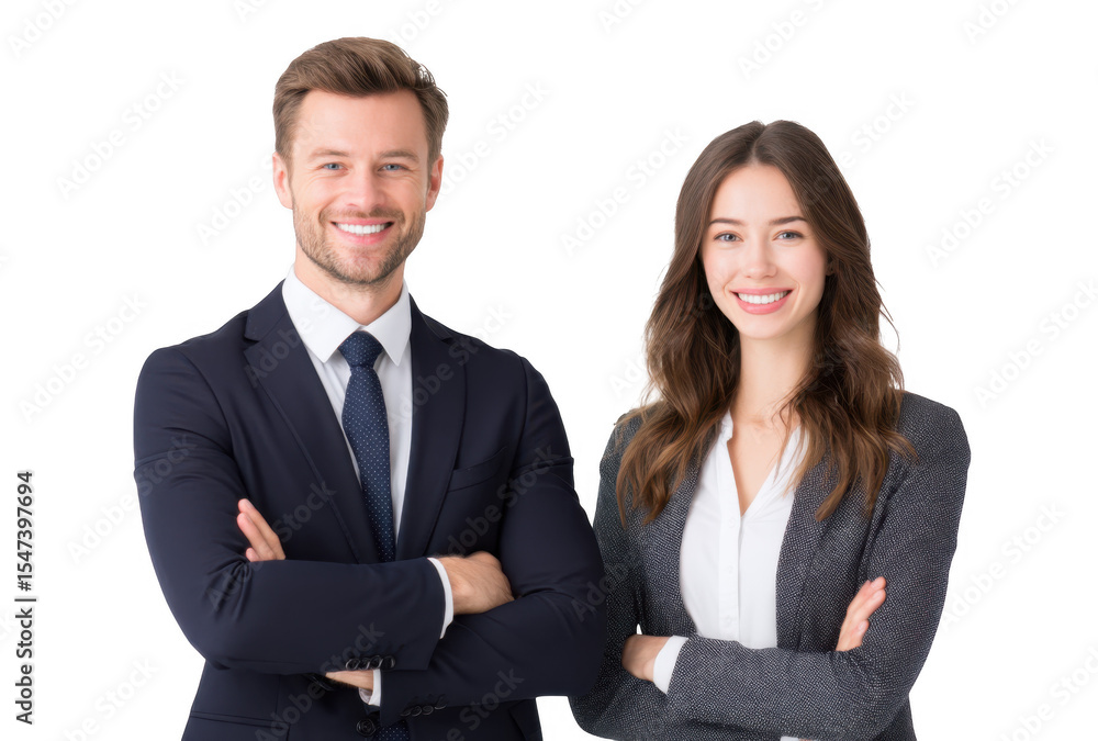 A confident business couple stands side by side. smiling with arms crossed. in a professional setting. showcasing teamwork and success against a clean. white background A confident business couple stands side by side. smiling with arms crossed. in a professional setting. showcasing teamwork and success against a clean. white background