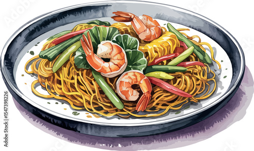 illustration of a noodle dish. Golden strands are generously adorned with plump shrimp, vibrant green vegetables, and spicy red peppers. 