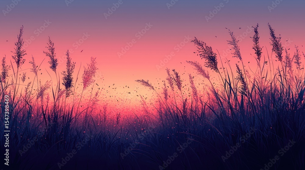 Obraz premium Silhouettes of tall grasses at sunset.