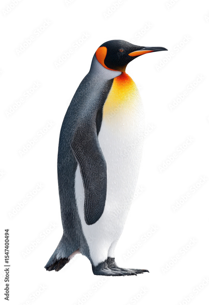 Fototapeta premium A majestic emperor penguin standing gracefully against a plain white background. showcasing its vibrant orange and black markings. ideal for educational and wildlife-related projects