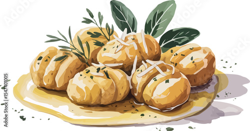 A watercolor illustration of soft potato gnocchi served with a sage butter sauce, garnished with grated parmesan and fresh herbs