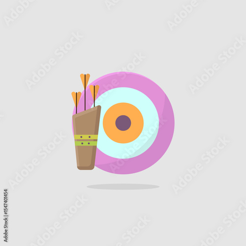 Illustration of a circular archery target. Beside it is a quiver containing several arrows