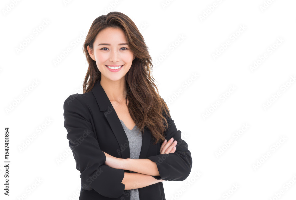 A confident young woman in a black blazer and gray top stands with arms crossed. smiling warmly against a plain white background. suggesting professionalism and approachability for business contexts A confident young woman in a black blazer and gray top stands with arms crossed. smiling warmly against a plain white background. suggesting professionalism and approachability for business contexts