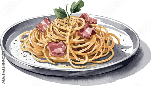 A watercolor illustration of a plate of creamy spaghetti carbonara with crispy pancetta, grated parmesan, and freshly cracked black peppe