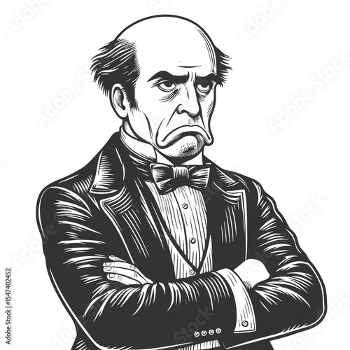 man in formal attire with a grumpy expression and crossed arms, exuding disapproval sketch engraving generative ai fictional character vector illustration. Scratch board imitation. Black and white.