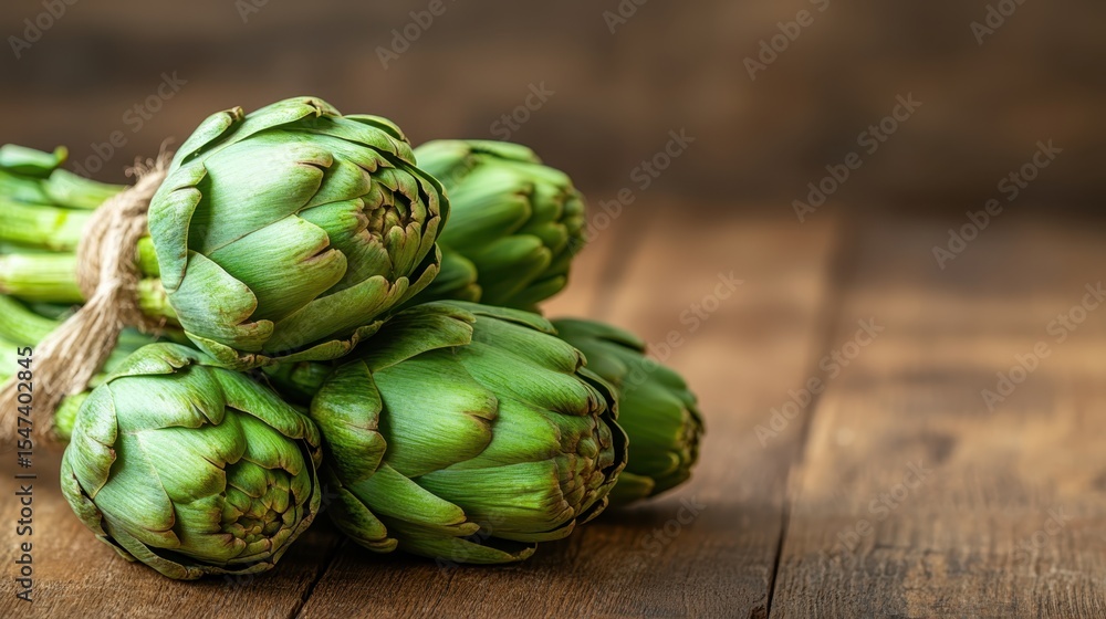 Fototapeta premium A vibrant bunch of fresh green artichokes displayed on a rustic wooden surface, showcasing their unique shape and texture in natural light, perfect for culinary use.