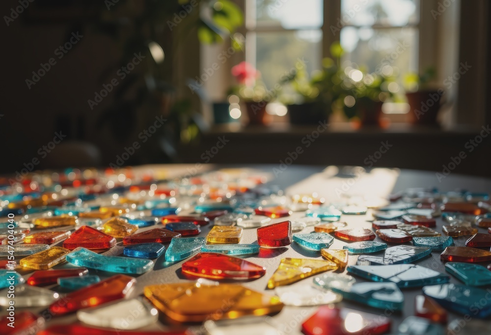 Colorful broken glass mosaic pieces scattered on a table Colorful broken glass mosaic pieces scattered on a table