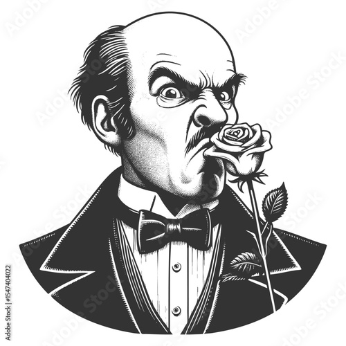 Funny serious bald man sniffing a rose with a highly skeptical and intense expression sketch engraving generative ai fictional character vector illustration. Scratch board. Black and white image.