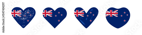 New Zealand flag heart collection. Set of creative NZ flags inside of hearts. Cute heart shapes. Holiday or travel icons. Web special offer button concept. Isolated graphic design. Branding concept.