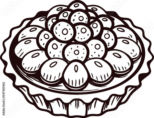 Hand drawn berry tart illustration with shortcrust pastry and whole berries in vintage engraving