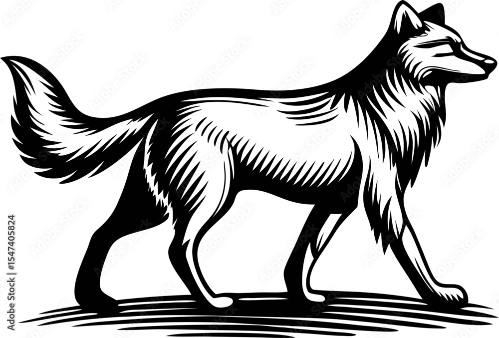 Obraz premium Hand drawn black and white wolf illustration in vintage engraving isolated on white background
