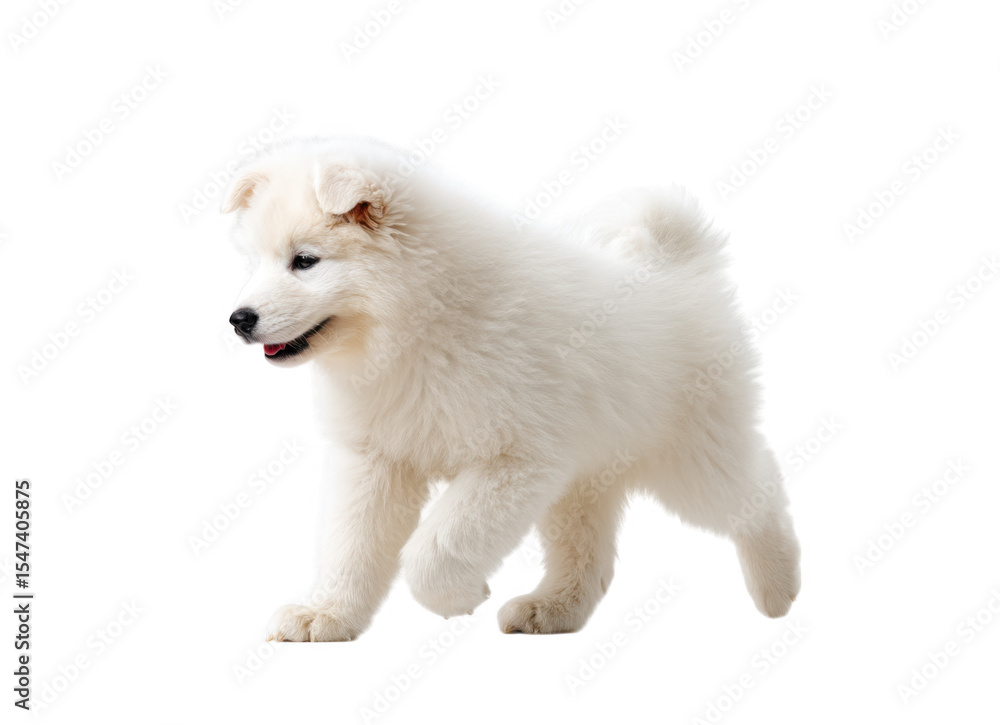 Obraz premium A playful fluffy Samoyed puppy joyfully running across a bright white background. showcasing its lively nature and soft fur. perfect for pet-related content and promotional materials