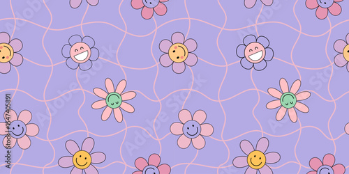 Seamless retro pattern featuring groovy cartoon flowers. Playful hippie flower. Psychedelic vibe perfect for textile, wrapping paper, poster, and vintage-inspired digital projects