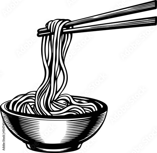 Detailed hand drawn illustration of bowl filled with noodles and chopsticks lifting noodles, vintage black and white engraving