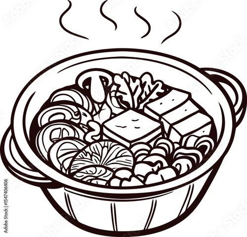 Hand drawn illustration of japanese hot pot dish with vegetables, tofu, mushrooms, and seafood in line art