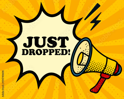 Just dropped speech bubble. Megaphone, lightning, speech burst, sound lines, pop art style, loudspeaker, public speaking, yellow background, expression, voice, alert, broadcast