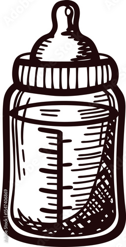 Hand drawn baby bottle with measurement lines in vintage engraved illustration