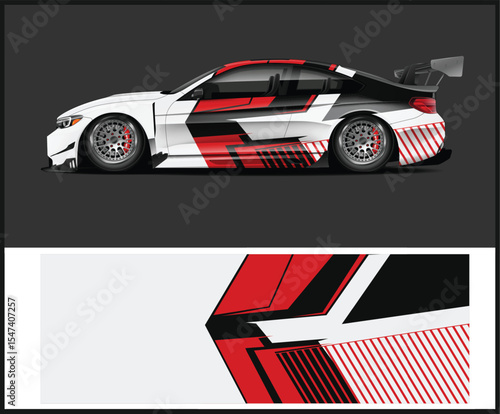 Modern Racing Car Wrap Design with Red Black and White Graphics