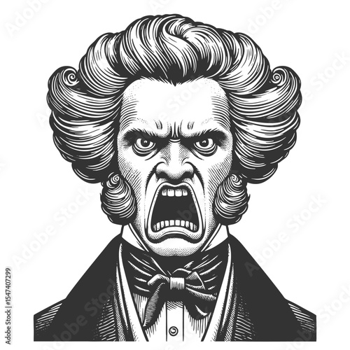 furious man with exaggerated hairstyle and intense shouting expression, drawn in comic style sketch engraving generative ai fictional character vector illustration. Scratch board. Black and white.