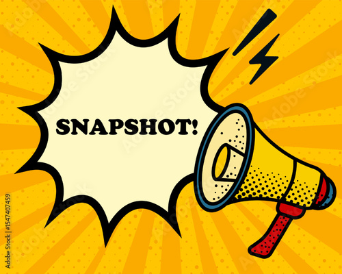 Snapshot speech bubble. Megaphone, lightning, speech burst, sound lines, pop art style, loudspeaker, public speaking, yellow background, expression, voice, alert, broadcast