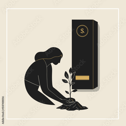Woman planting a tree while kneeling beside a modern box design  