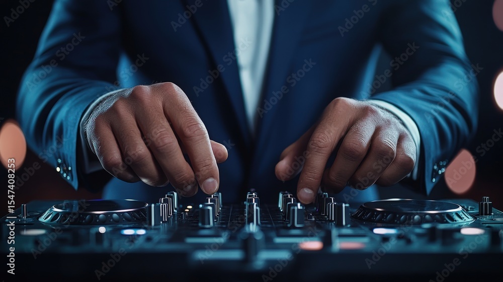 Sophisticated DJ wearing a navy blue suit, adjusting knobs on a CDJ mixer, smooth lighting and dynamic reflections, ultra-realistic photo, perfect for business or event promotions, copy space included Sophisticated DJ wearing a navy blue suit, adjusting knobs on a CDJ mixer, smooth lighting and dynamic reflections, ultra-realistic photo, perfect for business or event promotions, copy space included