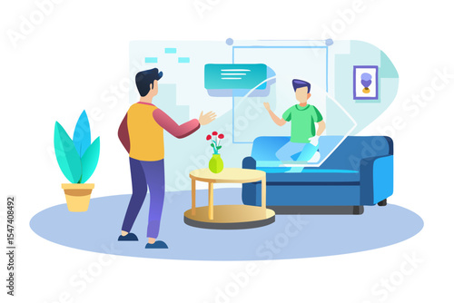 Virtual meeting in modern living room illustration
