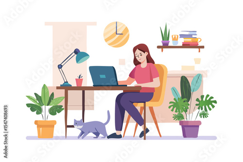 Woman working from home at desk with laptop and cat
