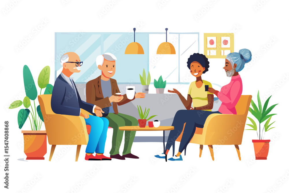 Diverse group of seniors enjoying coffee together in a cafe Diverse group of seniors enjoying coffee together in a cafe
