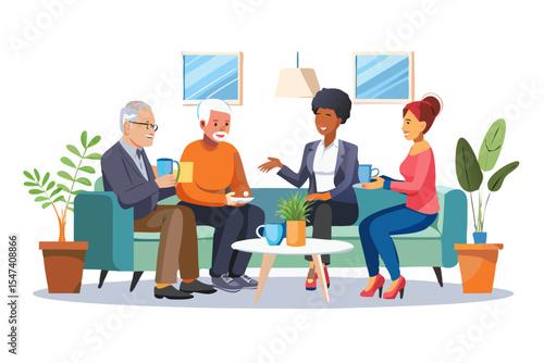 Diverse group of seniors enjoying conversation and tea