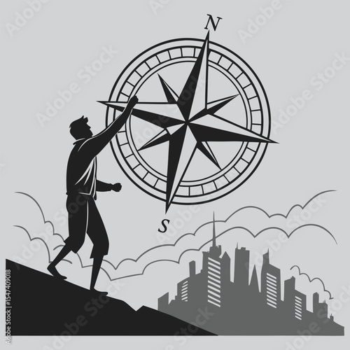 Man Holding Giant Compass Over City silhouette vector design art and illustration