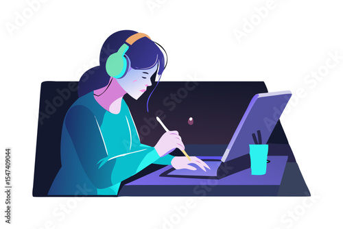 Young woman artist working on digital tablet at night