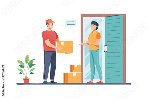 Delivery man giving package to customer at door
