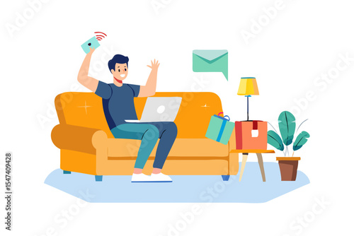 Excited man receiving good news online at home