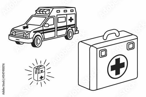 Ambulance and first aid kit isolated on white background in line art