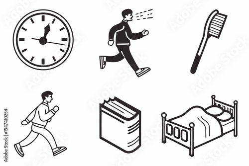 Daily routine icons showing running clock toothbrush book and bed