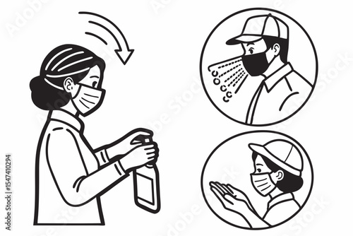 Icons showing face mask protection and sanitizing hands