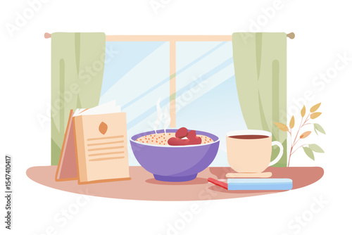 Cozy morning breakfast by the window with oatmeal and coffee
