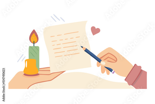 Hand writing romantic letter with candlelight