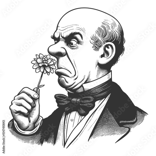 Funny stern bald man in formal attire holding and sniffing a daisy with visible displeasure sketch engraving generative ai fictional character vector illustration. Scratch board. Black and white.