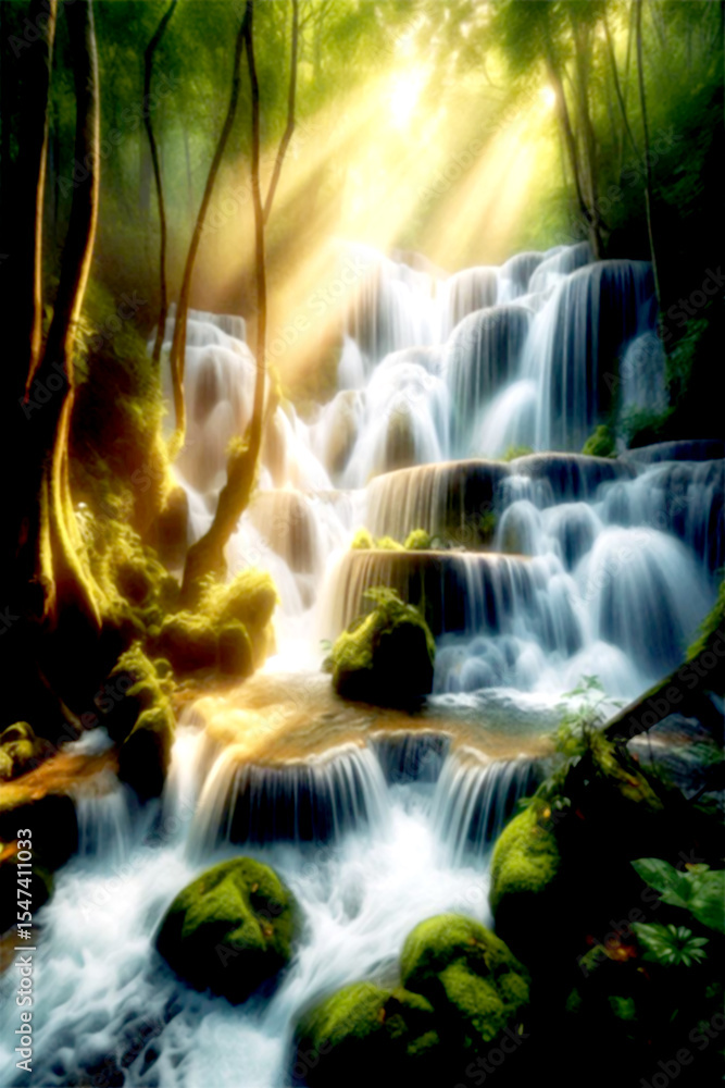 Obraz premium Serene cascading waterfall in lush green forest bathed in sunlight, creating a tranquil and peaceful atmosphere