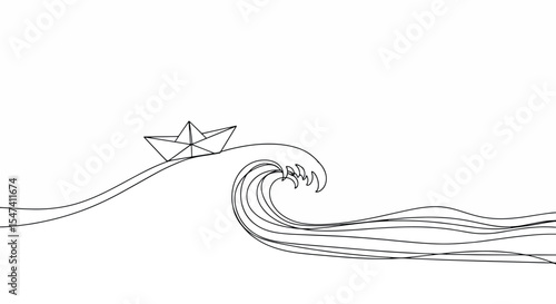 Delicate Paper Boat Navigating a Powerful Ocean Wave Line Art Illustration