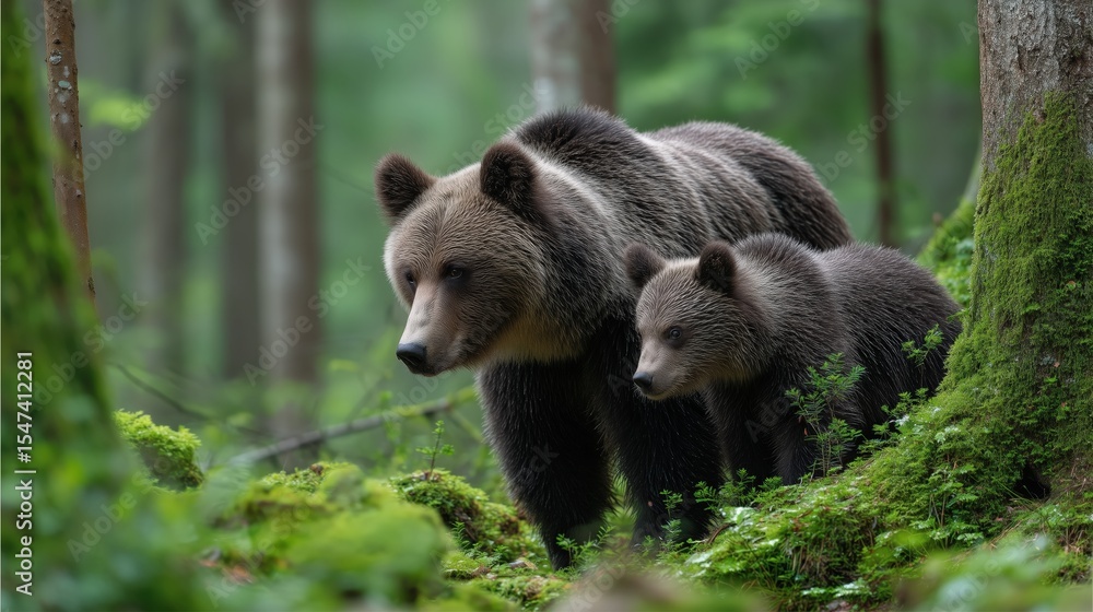 Obraz premium Brown bear mother and cub walking in green forest